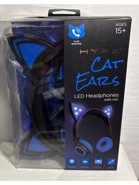 Hype Cat Ears LED Headphones With Mic InLine Microphone Adjustable Foldable Blue